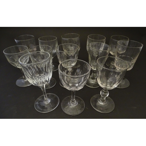 173 - Glass: an assortment of 19thC drinking glasses, to include a set of four champagne saucers, port and... 