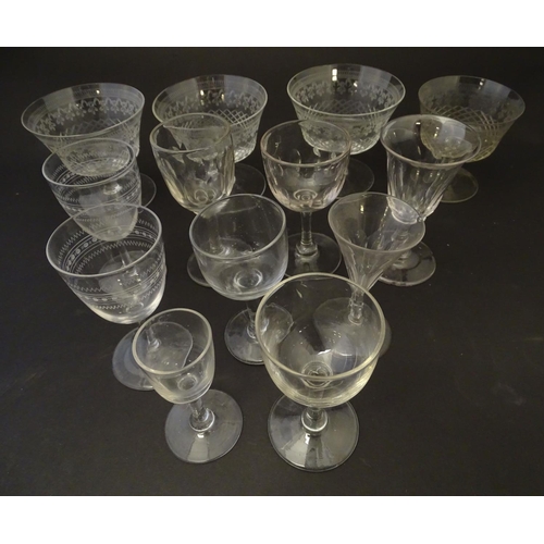 173 - Glass: an assortment of 19thC drinking glasses, to include a set of four champagne saucers, port and... 