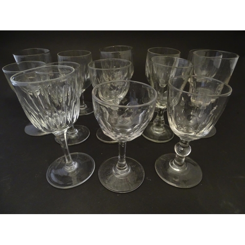 173 - Glass: an assortment of 19thC drinking glasses, to include a set of four champagne saucers, port and... 