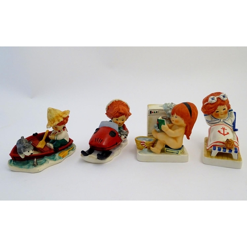 102 - Four Goebel Redhead figures by Charlot Byj, comprising Lazy Day, a red haired boy fishing in a boat,... 