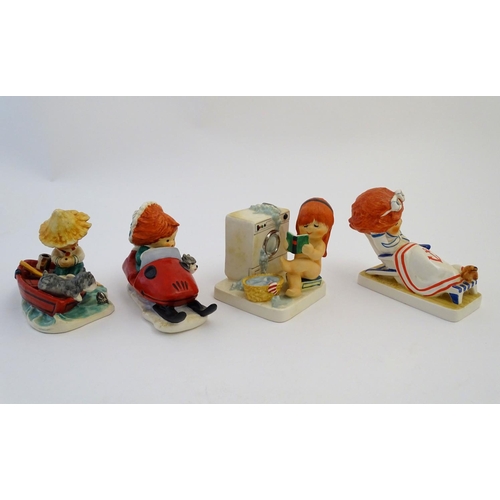 102 - Four Goebel Redhead figures by Charlot Byj, comprising Lazy Day, a red haired boy fishing in a boat,... 