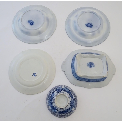 127 - A quantity of assorted blue and white ceramic wares to include a Japanese bowl decorated with figure... 