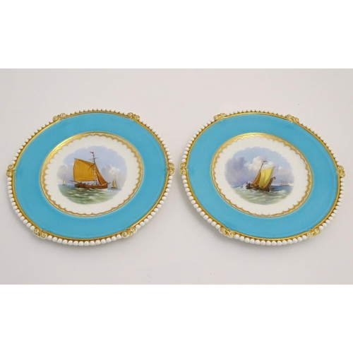 68 - A pair of Copeland style marine dessert plates with depictions of boats at sea to the central rounde... 