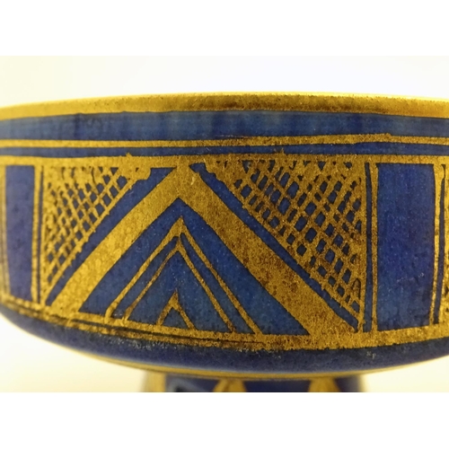 69 - A matched pair of studio pottery footed squared bowls / pots with cobalt blue and gilt geometric dec... 