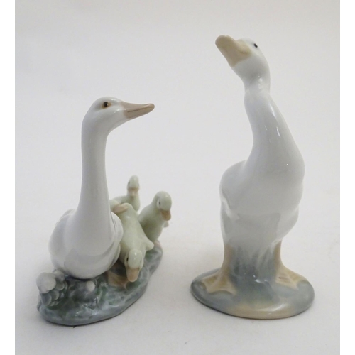 88 - Two Lladro figures models as geese, a Mother Goose and her Goslings figure group, model no. 1307, an... 