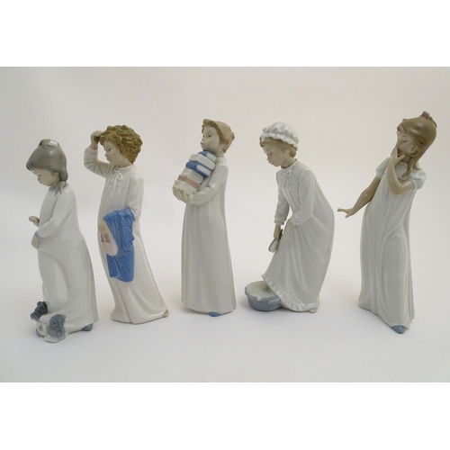 90 - Five Nao bedtime figures to include 'Yawning Girl', model no. 230, 'Boy washing his feet' model no. ... 