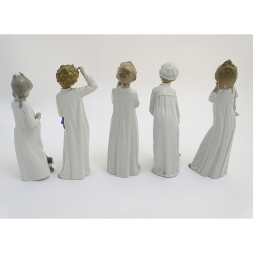 90 - Five Nao bedtime figures to include 'Yawning Girl', model no. 230, 'Boy washing his feet' model no. ... 