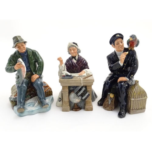 92 - Three Royal Doulton seated figures, comprising Shore Leave, a seaman feeding a parrot, model no. 225... 