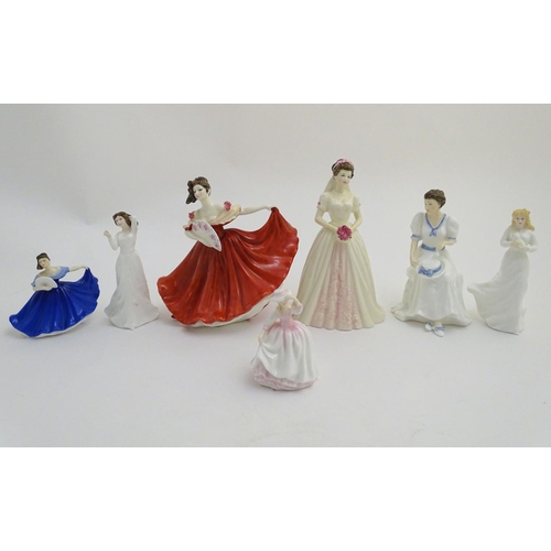 95 - Seven Royal Doulton figurines modelled as ladies, to include Elaine, a lady with a fan in a red dres... 