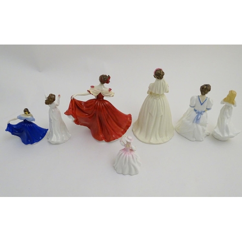 95 - Seven Royal Doulton figurines modelled as ladies, to include Elaine, a lady with a fan in a red dres... 