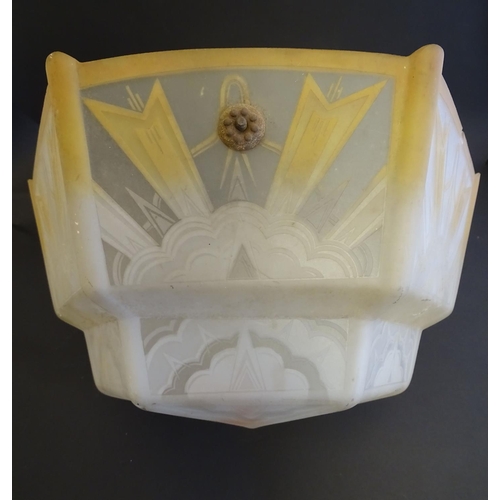 145 - An Art Deco glass pendant lampshade, of stepped, hexagonal form with etched cloudburst decoration an... 