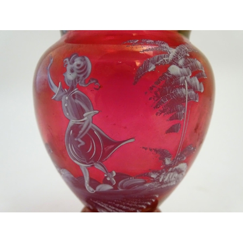 152 - An early 20thC Mary Gregory cranberry glass vase, decorated with an enamelled vignette of girl in wo... 