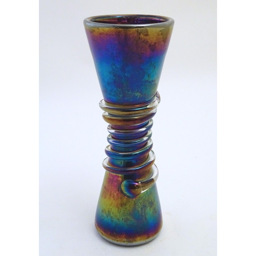 163A - A large 19thC Arts & Crafts glass vase, decorated with a spiral belt and iridescent finish. 13 1/4