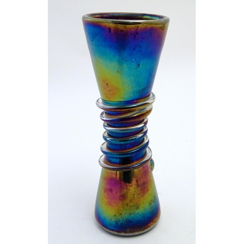 163A - A large 19thC Arts & Crafts glass vase, decorated with a spiral belt and iridescent finish. 13 1/4