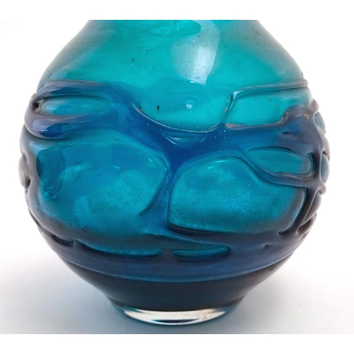 169 - An early to mid 20thC pair of turquoise art glass  vases in the manner of Whitefriars, each decorate... 