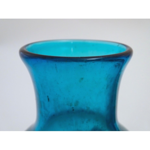 169 - An early to mid 20thC pair of turquoise art glass  vases in the manner of Whitefriars, each decorate... 