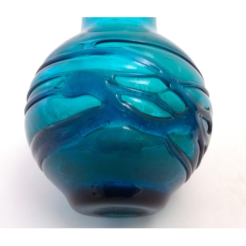 169 - An early to mid 20thC pair of turquoise art glass  vases in the manner of Whitefriars, each decorate... 