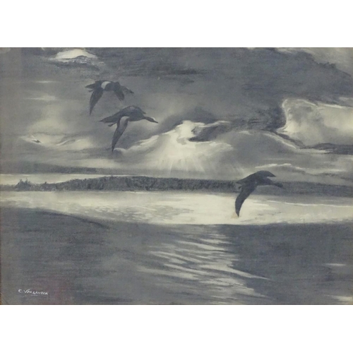 155 - C. Verlander, XX, Pencil, Ducks in flight in a wetlands landscape. Signed lower left. 15 1/2 x 20 1/... 