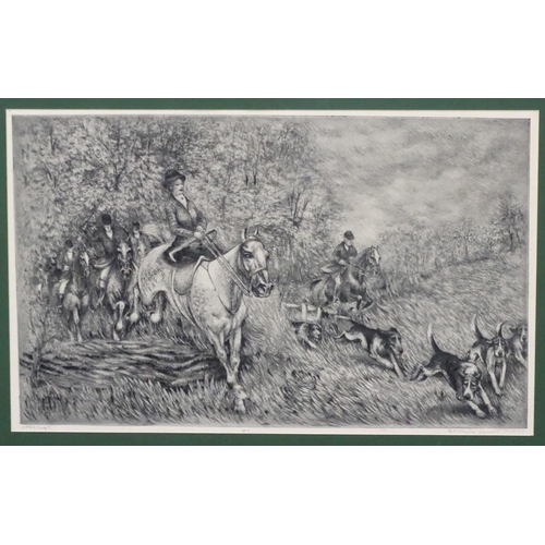 206 - Hungarian School, XX, Etching, A hunting scene with a woman riding side saddle and huntsmen with hor... 