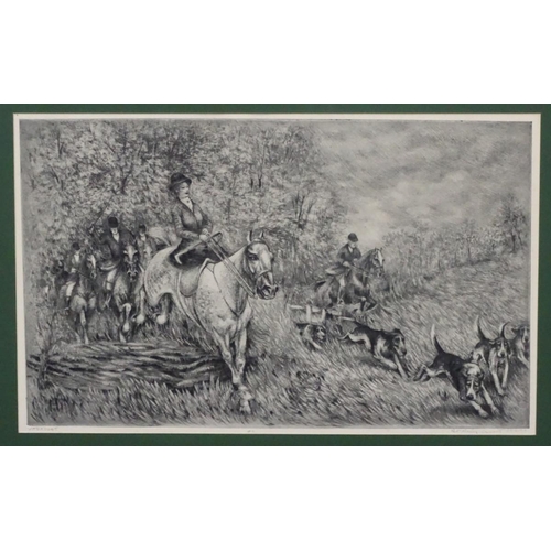 206 - Hungarian School, XX, Etching, A hunting scene with a woman riding side saddle and huntsmen with hor... 