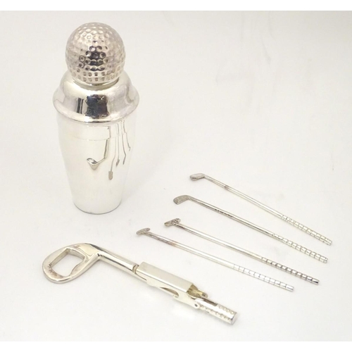 229 - A novelty cocktail shaker formed as a golf bag with stirrers etc formed as golf clubs. 11'' high