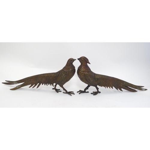 296 - A pair of cast menu holders formed as Lady Amherst pheasants. Largest approx. 11