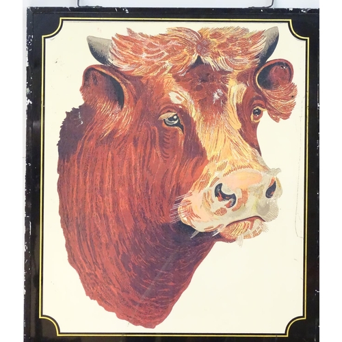 126 - A 20thC pub sign, 'Bull's Head', with printed lettering and illustration of an Ayrshire bull, 44 1/2... 