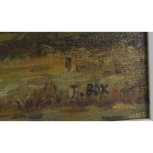 131 - J Box, XX, Oil on canvas laid on board, A portrait of a prize bull in a landscape. Signed lower righ... 
