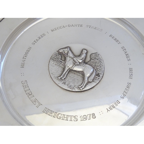 222 - A silver salver / trophy plate with horse and jockey medallion to centre  engraved Shirley Heights 1... 