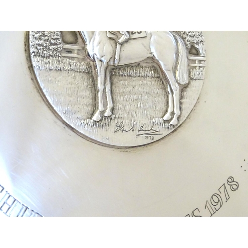 222 - A silver salver / trophy plate with horse and jockey medallion to centre  engraved Shirley Heights 1... 