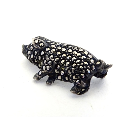 227 - A Vintage white metal brooch formed as a pig set with marcasite detail 1