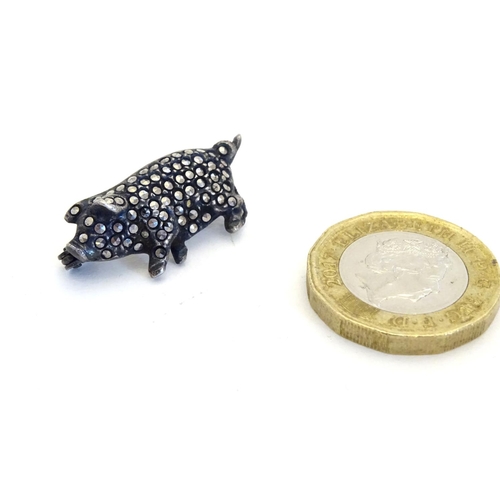 227 - A Vintage white metal brooch formed as a pig set with marcasite detail 1