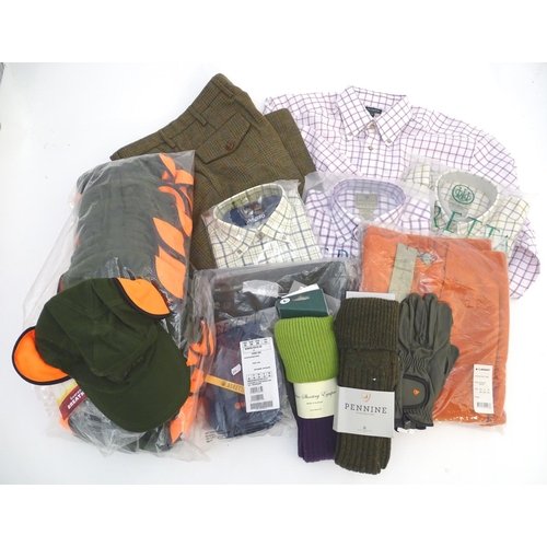 343 - Box of assorted clothing to include, one Laksen orange jumper size 2XL; four shirts, 2 Beretta, 1 Le... 