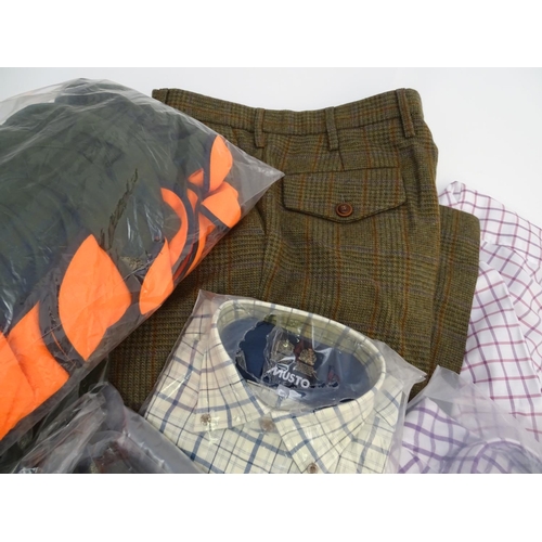 343 - Box of assorted clothing to include, one Laksen orange jumper size 2XL; four shirts, 2 Beretta, 1 Le... 
