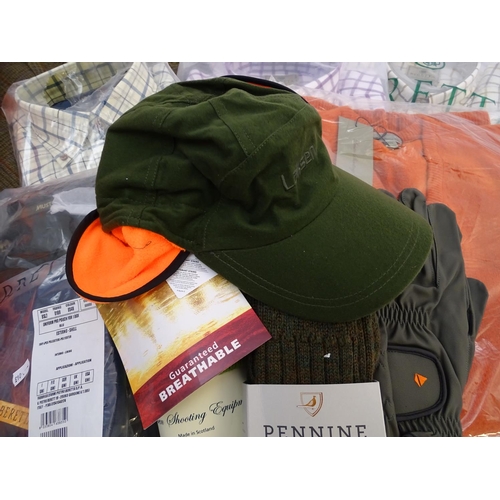343 - Box of assorted clothing to include, one Laksen orange jumper size 2XL; four shirts, 2 Beretta, 1 Le... 