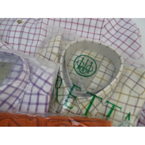 343 - Box of assorted clothing to include, one Laksen orange jumper size 2XL; four shirts, 2 Beretta, 1 Le... 