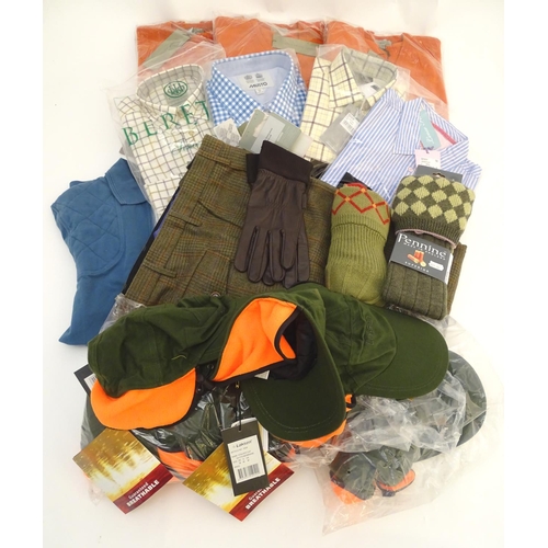 344 - Box of assorted items to include, three orange Laksen V neck jumpers size XL2; 15 Laksen stalker cap... 