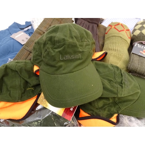 344 - Box of assorted items to include, three orange Laksen V neck jumpers size XL2; 15 Laksen stalker cap... 