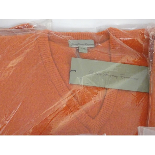 344 - Box of assorted items to include, three orange Laksen V neck jumpers size XL2; 15 Laksen stalker cap... 