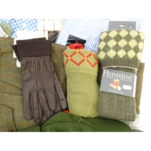 344 - Box of assorted items to include, three orange Laksen V neck jumpers size XL2; 15 Laksen stalker cap... 