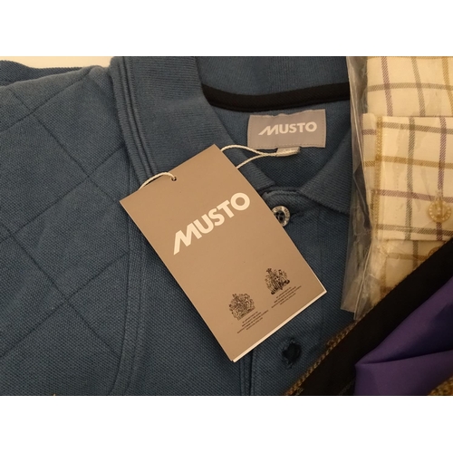 344 - Box of assorted items to include, three orange Laksen V neck jumpers size XL2; 15 Laksen stalker cap... 