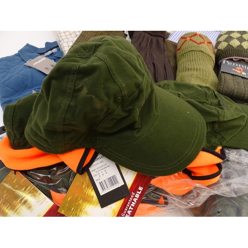 344 - Box of assorted items to include, three orange Laksen V neck jumpers size XL2; 15 Laksen stalker cap... 