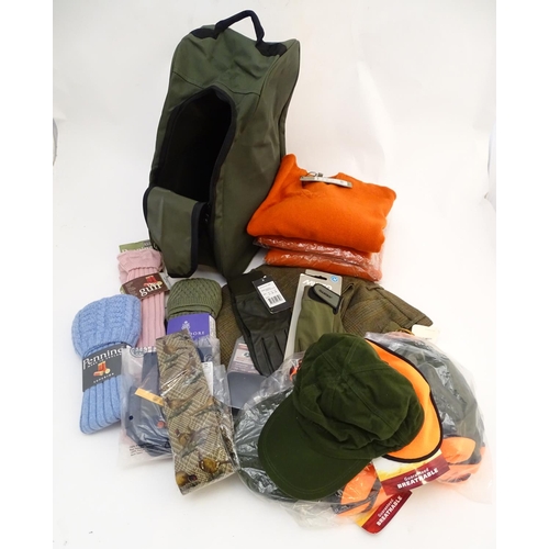 346 - Box of assorted items to include, 3 Laksen orange jumpers size 2XL, 1 pair of Laksen tweed trousers ... 