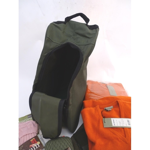 346 - Box of assorted items to include, 3 Laksen orange jumpers size 2XL, 1 pair of Laksen tweed trousers ... 