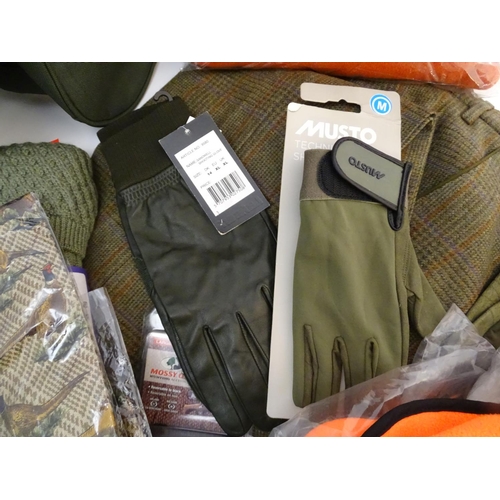 346 - Box of assorted items to include, 3 Laksen orange jumpers size 2XL, 1 pair of Laksen tweed trousers ... 