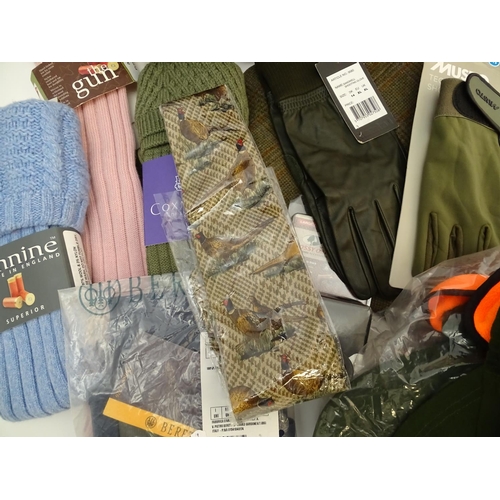 346 - Box of assorted items to include, 3 Laksen orange jumpers size 2XL, 1 pair of Laksen tweed trousers ... 