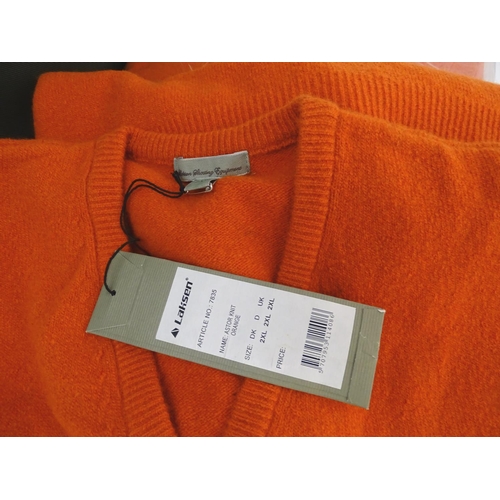346 - Box of assorted items to include, 3 Laksen orange jumpers size 2XL, 1 pair of Laksen tweed trousers ... 