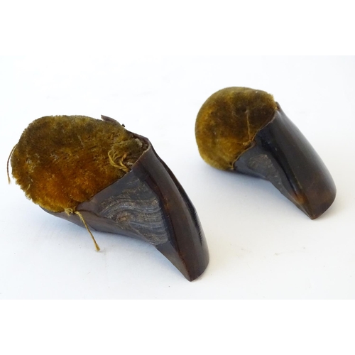 75 - Taxidermy : A pair early 20thC ox hoof pin cushions. Approx. 2