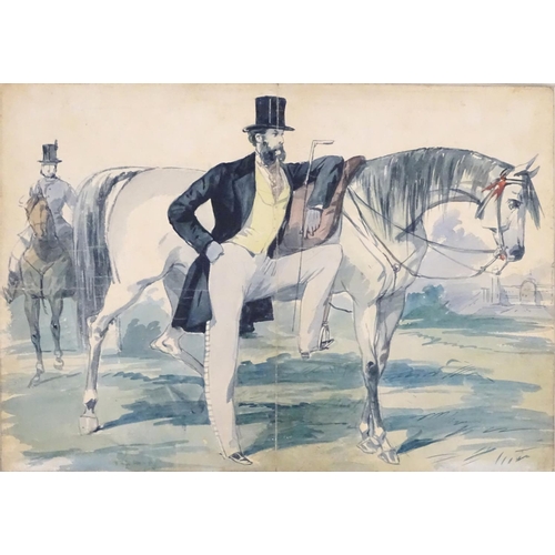 180 - XIX, Watercolour, A Gentleman and his Horse, with a man on horseback behind. Titled under. In a mapl... 