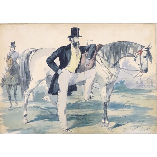 180 - XIX, Watercolour, A Gentleman and his Horse, with a man on horseback behind. Titled under. In a mapl... 